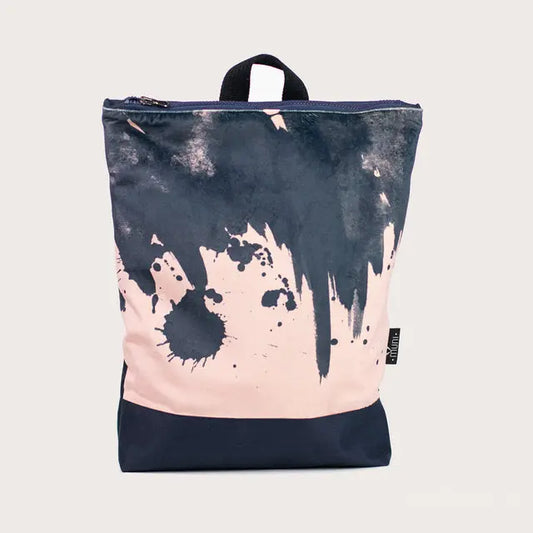 A stylish backpack featuring a pink and blue watercolor design. Made of velvet and waterproof polyester, with adjustable straps and compartments for a 13 laptop. Dimensions: 38cm x 34cm.