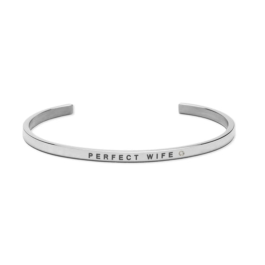 Adjustable silver bracelet with Perfect Wife engraved, 3mm width. Durable stainless steel, deep engraving for longevity. Avoid moisture and chemicals for lasting shine.