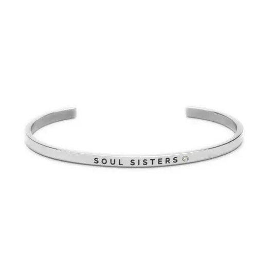 Silver bracelet with Soul Sisters engraved, easily adjustable. Durable stainless steel, 3mm width. Ideal for cherished soulmates. Avoid moisture and chemicals for lasting shine.