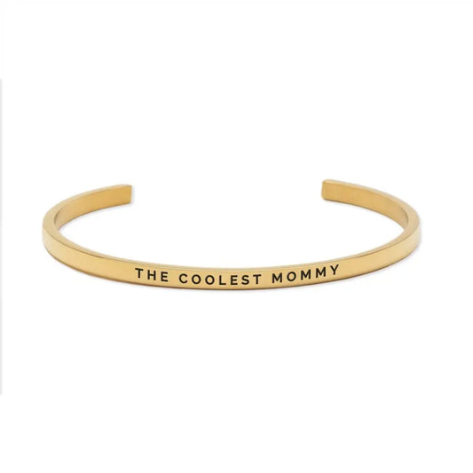 Gold bracelet with engraved The Coolest Mommy message. Adjustable, durable stainless steel, 3mm wide. Polished finish, deep engraving for long-lasting style. Avoid moisture and chemicals for lasting shine.