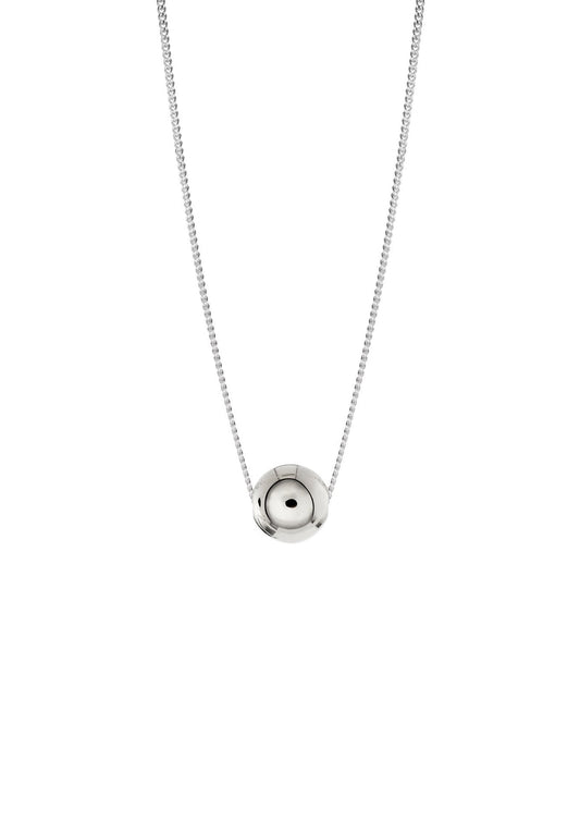 Sterling silver Bubble Necklace with 6mm hollow bubble pendant on a 40cm chain. Handmade in Lithuania, sustainable packaging, 2-year warranty by NO MORE.