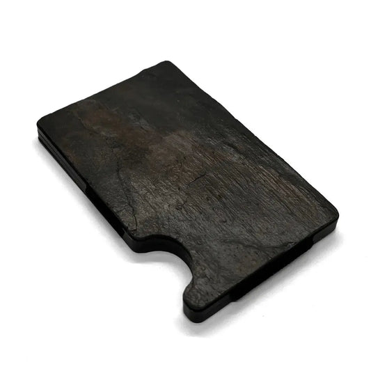 A black slate stone cardholder with RFID blocking technology, holding up to 12 cards. Minimalist design, eco-friendly packaging. Available with or without a money clip.