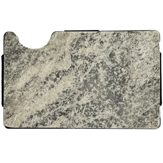 A rectangular cardholder with RFID blocking, made of natural marble. Holds up to 12 cards, eco-friendly packaging. Available with or without a money clip.