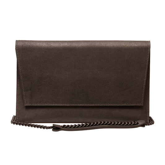 A black leather shoulder bag with a chain strap, featuring a flap front and magnetic closure. Handcrafted from premium genuine leather in Europe. Dimensions: 18 cm x 29.5 cm x 5 cm.