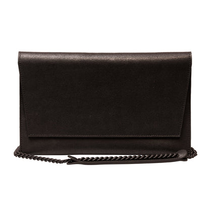A sophisticated Chain Shoulder Bag in black leather with a matte finish. Features a flap front, alloy chain strap, and spacious interior for organized essentials. Handcrafted in Europe for enduring quality.