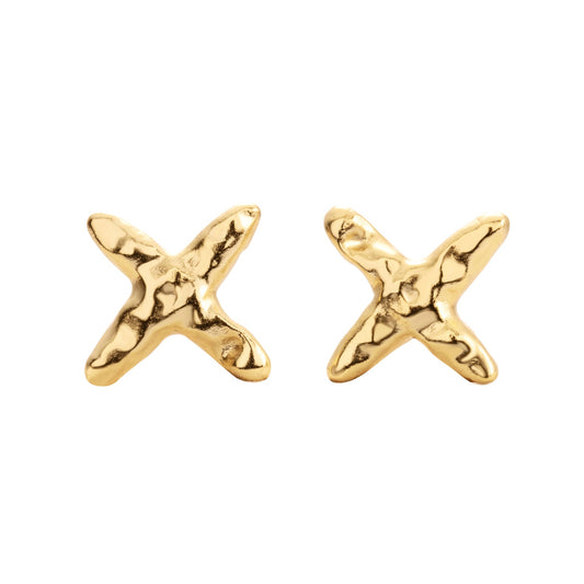 Golden cross-shaped stud earrings, minimalist and elegant. Made from recycled silver, 18k gold plated, hypoallergenic, 12x12 mm, 0.9 g each. Ideal for all-day wear.