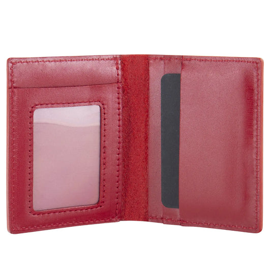 A red leather ID Billfold Wallet showcasing card slots, slip pockets, and an ID window. Handcrafted from genuine leather with a compact design and subtle RR logo detail. Dimensions: 8 x 10.5 cm folded, 17 x 10.5 cm open.