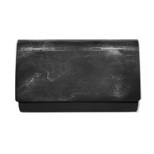 Handmade Glossy Wood Clutch bag with leather body and matte black wood panel. Features magnetic clasp closure and interior zip pocket. Can be worn as clutch or shoulder bag. Dimensions: H16.5cm x W27.5cm x D4cm.