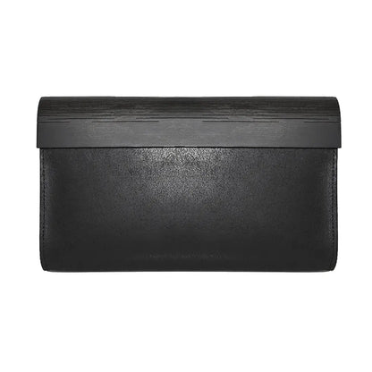 Handmade Glossy black Wood & Leather Clutch bag with detachable shoulder strap. Sleek design with matte black wood panel and leather body. Magnetic clasp closure, interior zip pocket. Dimensions: H16.5cm x W27.5cm x D4cm.