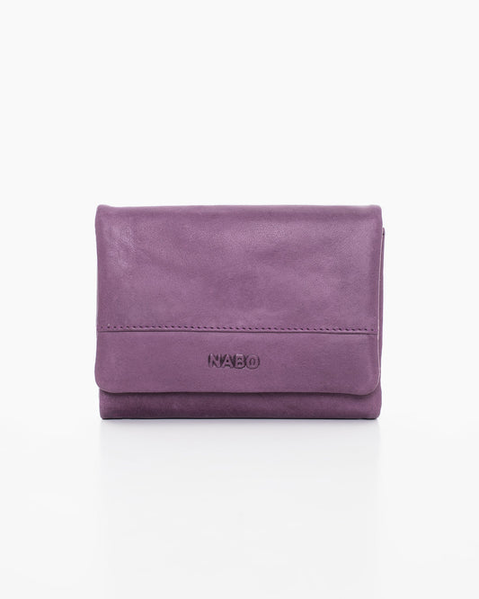 RFID-blocking Leather Wallet in Purple by Nabo. Genuine leather with 12 card slots, bill compartments, coin pocket, and driving license slot. Snap button closure. Dimensions: 12 x 9 x 2.5 cm.