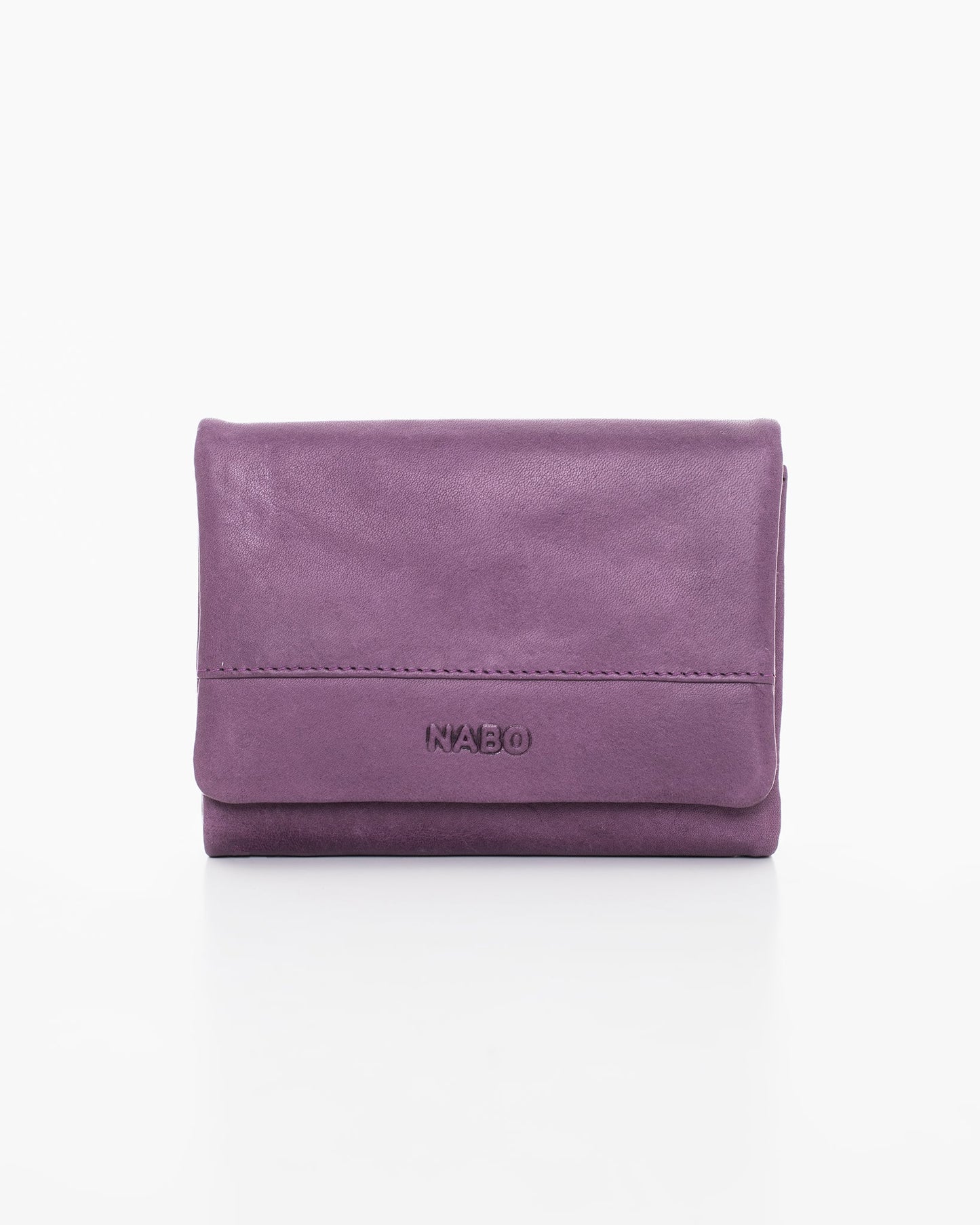 RFID-blocking Leather Wallet in Purple by Nabo. Genuine leather with 12 card slots, bill compartments, coin pocket, and driving license slot. Snap button closure. Dimensions: 12 x 9 x 2.5 cm.