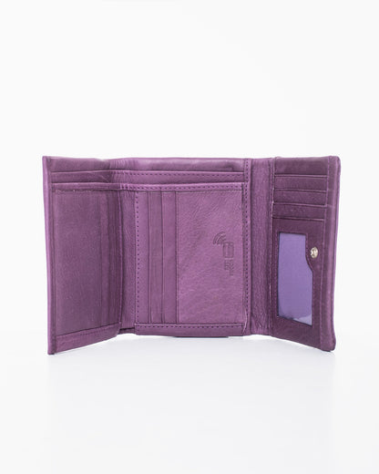 RFID-blocking purple leather wallet by Nabo. Features 12 card slots, bill compartments, coin pocket with zipper, and driving license slot. Snap button closure. Dimensions: 12 x 9 x 2.5 cm.