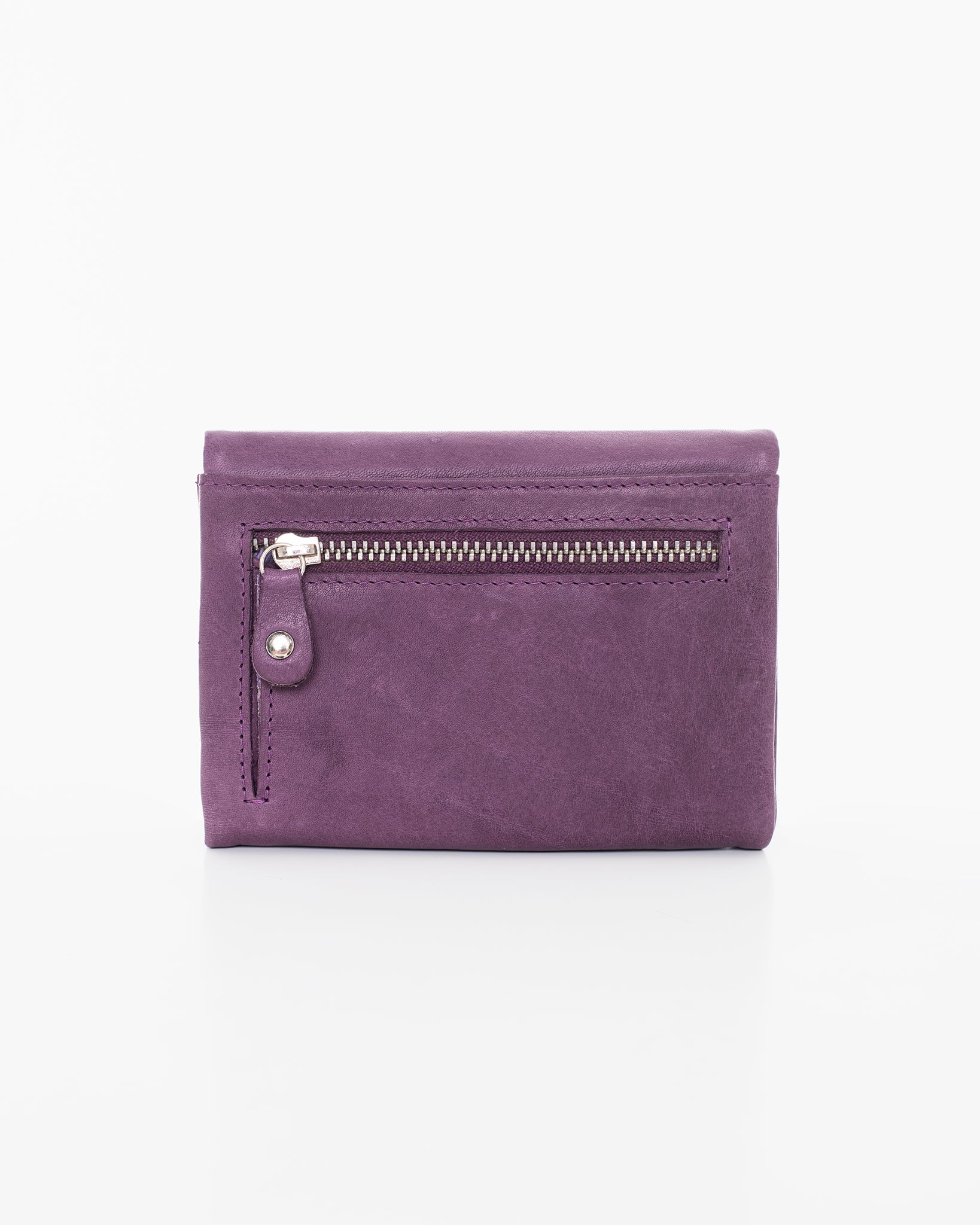 RFID-blocking Leather Wallet in Purple, featuring 12 card slots, bill compartments, coin pocket, and driving license slot. Snap button closure. Dimensions: 12 x 9 x 2.5 cm.
