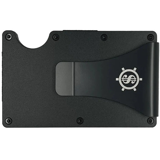 A sleek black aluminum cardholder with logo clip, RFID blocking, and eco-friendly packaging. Holds up to 12 cards securely. Dimensions: 9 x 5.5 x 1.5 cm.
