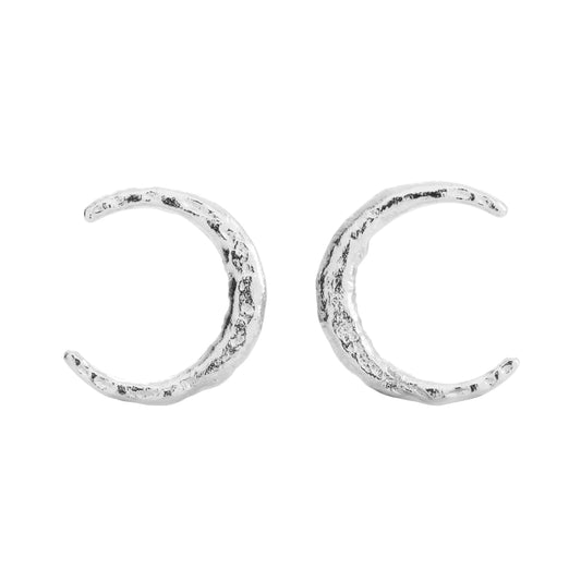 Silver crescent moon stud earrings by ONEHE, made from recycled 925 sterling silver. Hypoallergenic, elegant, and minimalist design. Measures 15 x 13 mm, weighing 1g per earring.