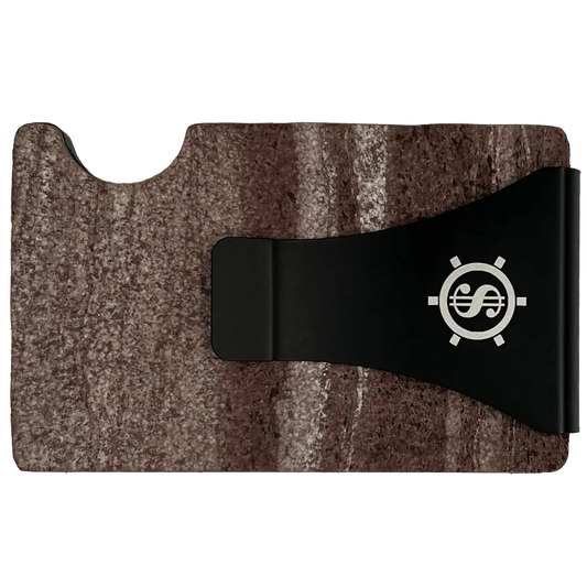 Close-up of Marble Card Holder with RFID Blocking - Red Canyon, featuring a dollar symbol and white logo on black marble, holding up to 12 cards with RFID protection.
