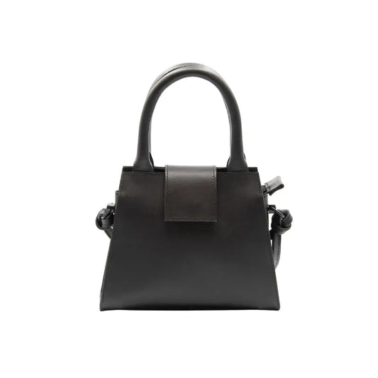 A sophisticated Mini Leather Handbag with reinforced handles, zipper closure, detachable shoulder strap, knot detailing, and logo embossing. Dimensions: H: 16 cm, L: 20 cm, W: 5 cm.