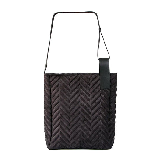A black handbag with a leather strap, showcasing a herringbone pattern fabric body and genuine leather accents. Zip-top closure and interior pocket for convenience. Dimensions: H37cm x W30cm x D10cm.