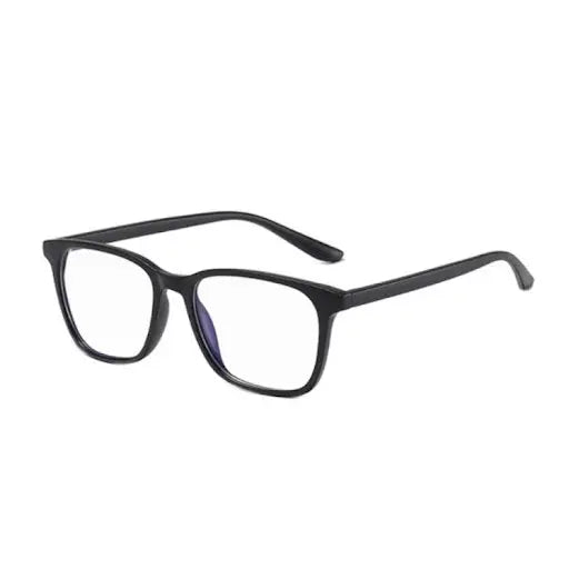 Close-up of NEWCASTLE Blue Light Glasses, sleek black eyewear with zero-power lenses. Designed to protect eyes from blue and UV light, ideal for screen time. Includes fabric pouch.