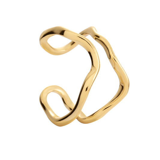 A resizable gold ring with elegant curved lines, hypoallergenic and minimalist. Made from 925 sterling silver, 18k gold plated. Weight: 3g, width: 23mm. Unique accessory for all occasions.