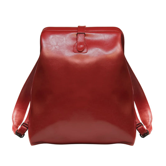 Red Leather Backpack - Medium & Large: Vintage doctor bag-inspired design with adjustable straps, grab handle, pin-buckle closure, and laptop compatibility up to 17 inches. Handmade with genuine leather in Latvia.