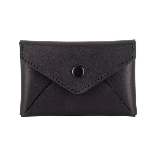 Compact black leather wallet with button closure. Features credit card slot, internal pocket, and RR logo detail. Handcrafted in Europe for superior quality.