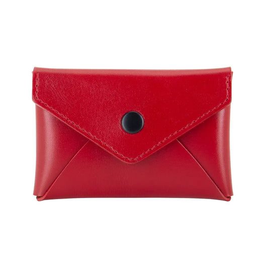 Compact red leather envelope wallet with RR logo detail, credit card slot, snap button closure. Handcrafted in Europe for timeless elegance and practicality.