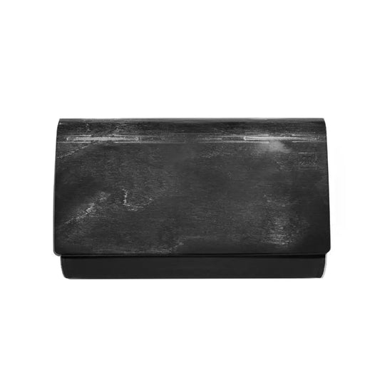 Handmade Glossy black Wood & Leather Clutch bag with detachable shoulder strap. Sleek design featuring matte black wood panel and birch tree leather body. Magnetic clasp closure, interior zip pocket. Dimensions: H 14.5 cm, W 24 cm, D 4 cm.