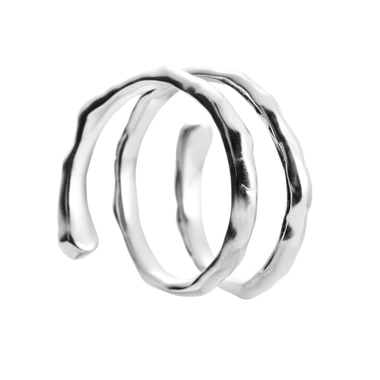 A close-up of a resizable SPIRAL ring in silver, featuring curved lines, on a white background. Hypoallergenic, made of 925 sterling silver, adjustable size, elegant and minimalist design.