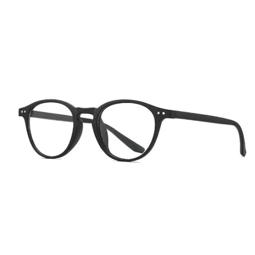 Close-up of CALIFORNIA Blue Light Glasses - Black: round frames with clear lenses. Designed to protect eyes from blue light, ideal for screen use at work or home.