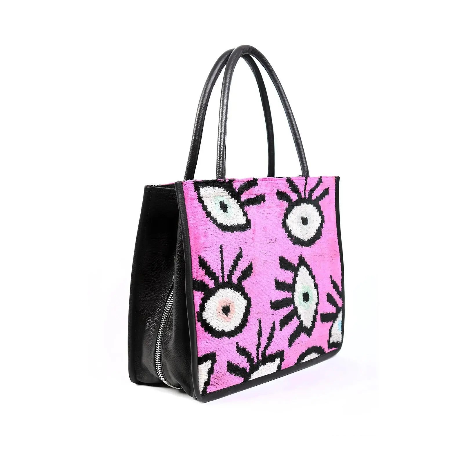 Large Leather & Silk Tote Bag - Adeline, featuring a zebra pattern with black handles, spacious design, handmade in Turkey with internal leather lining.