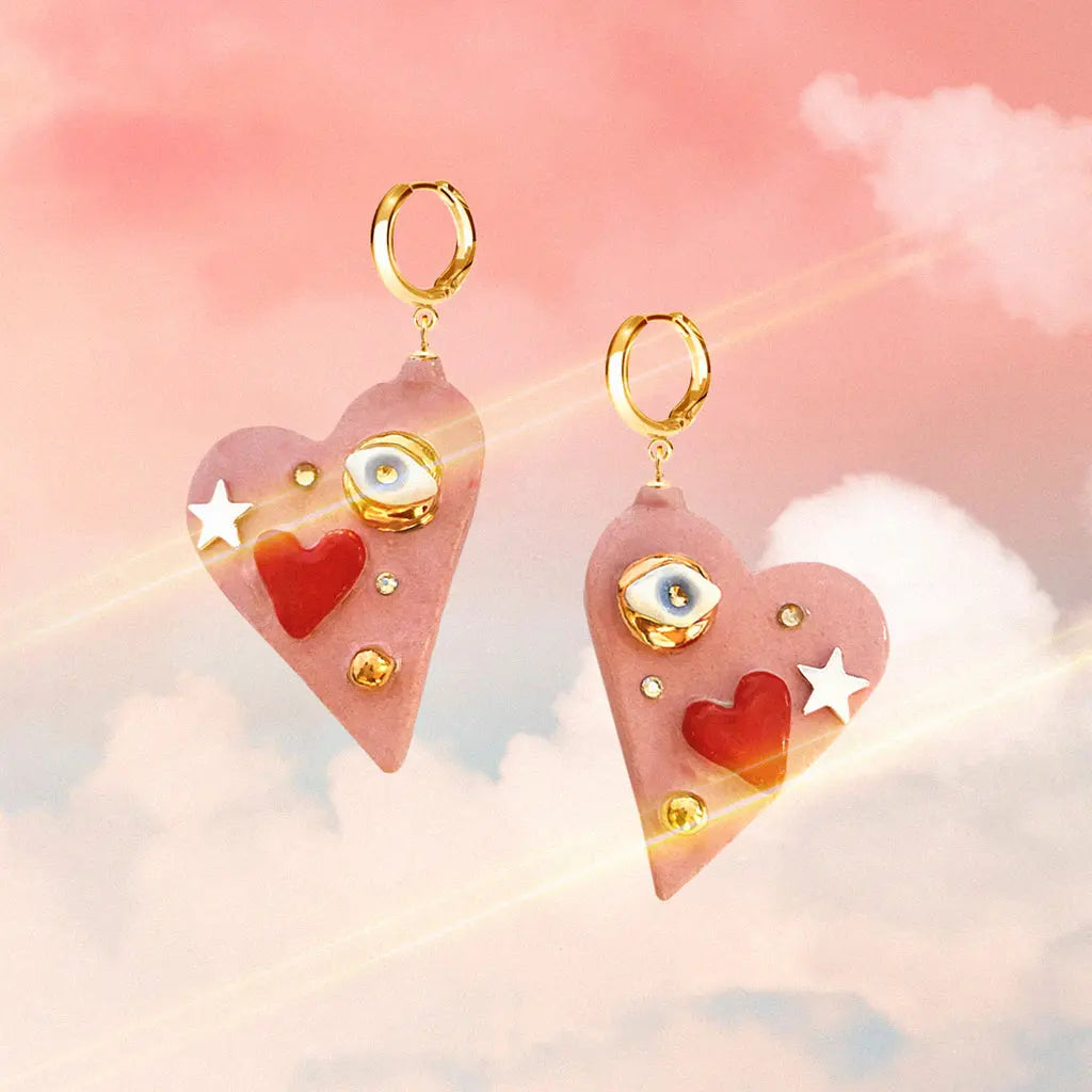 Hand-made ceramic heart earrings with Eye of Protection charm, 24K gold lustre, SWAROVSKI crystal, and gold-over-925 silver hoops and star. Unique variations possible.