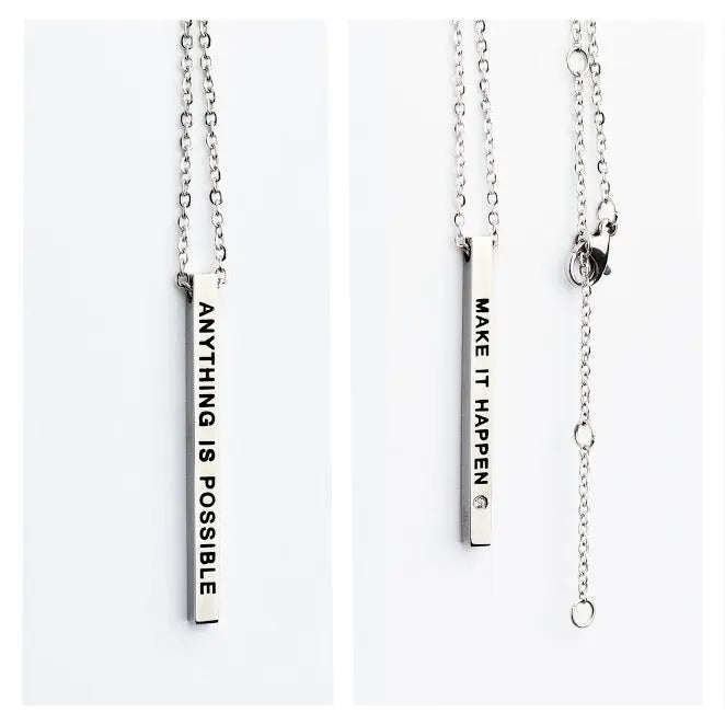 Silver rectangular necklace pendant with engraved words ANYTHING IS POSSIBLE and MAKE IT HAPPEN. Crafted from durable stainless steel, polished for long-lasting shine. Length: 50 cm.