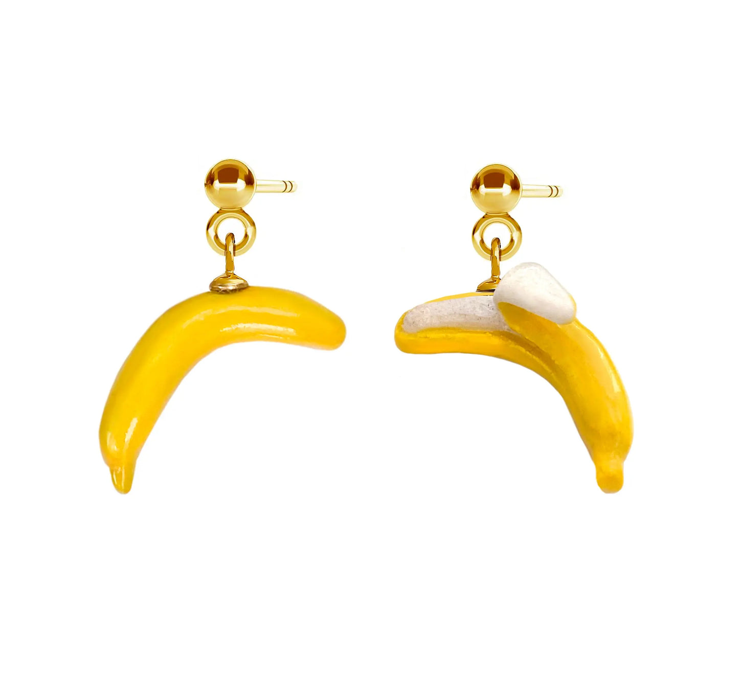 Handmade ceramic earrings with 24K gold-over 925 sterling silver details, featuring a banana-shaped design. Unique variations may occur.