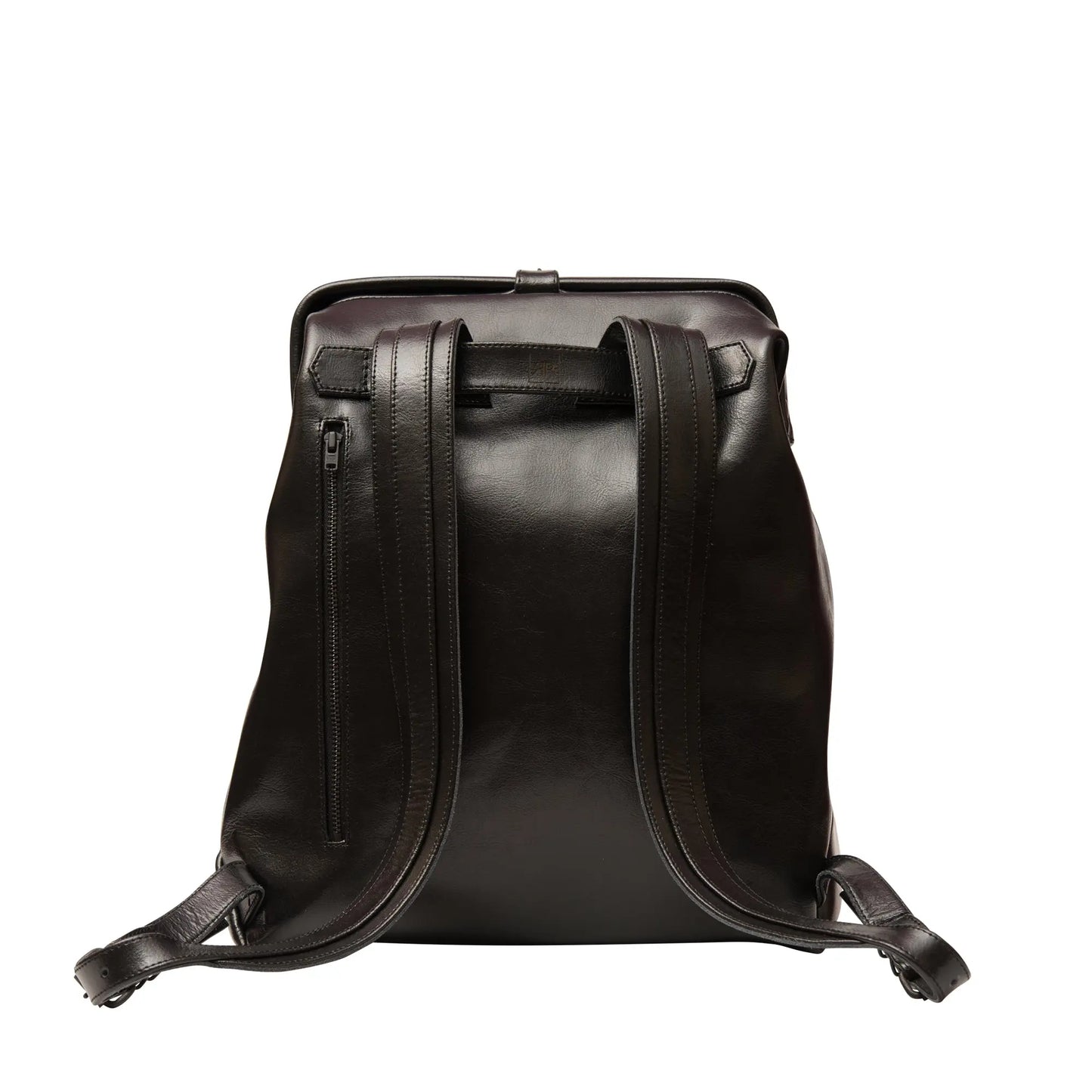 A black leather backpack with adjustable shoulder straps, grab handle, pin-buckle closure, and spacious interior. Available in medium and large sizes to fit laptops up to 17 inches.