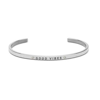 Adjustable silver bracelet with engraved Good Vibes message and diamonds. Durable stainless steel, 3mm width. Elevate your style with positivity and lasting charm.