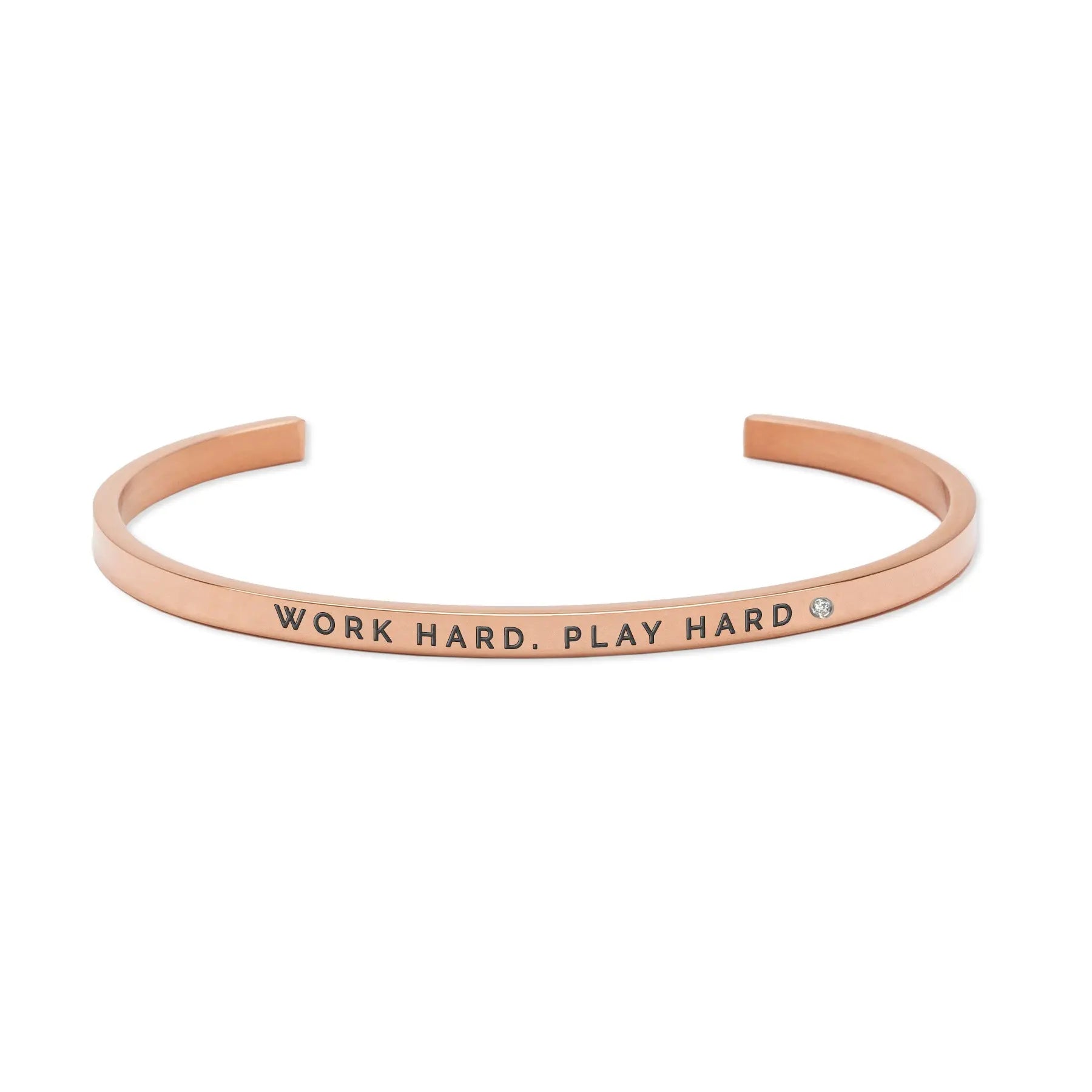 Adjustable gold bracelet engraved with Work Hard. Play Hard. Durable stainless steel, 3mm width. Polished finish, deep engraving for long-lasting style.