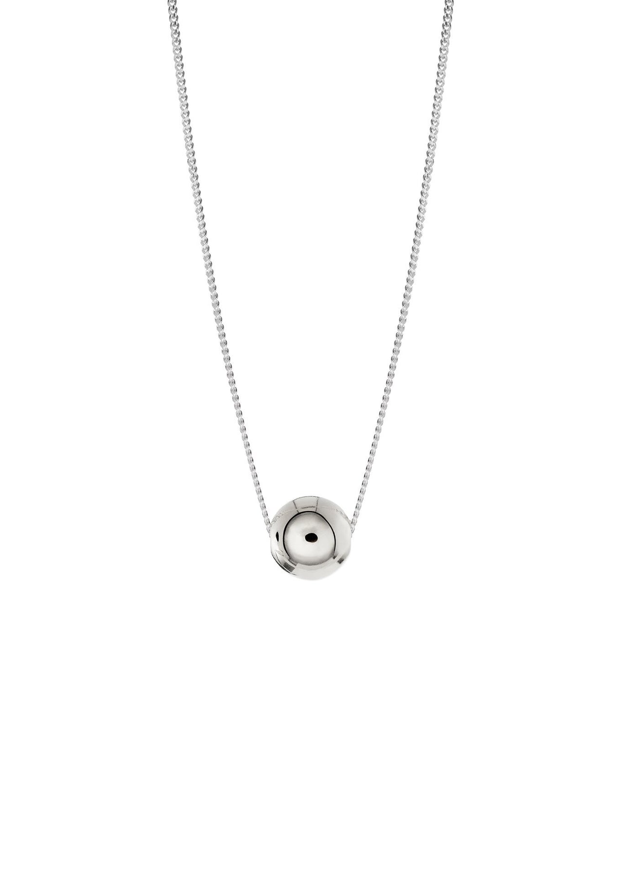 Sterling silver Bubble Necklace with 6mm hollow bubble pendant on a 40cm chain. Handmade in Lithuania, sustainable packaging, 2-year warranty by NO MORE.