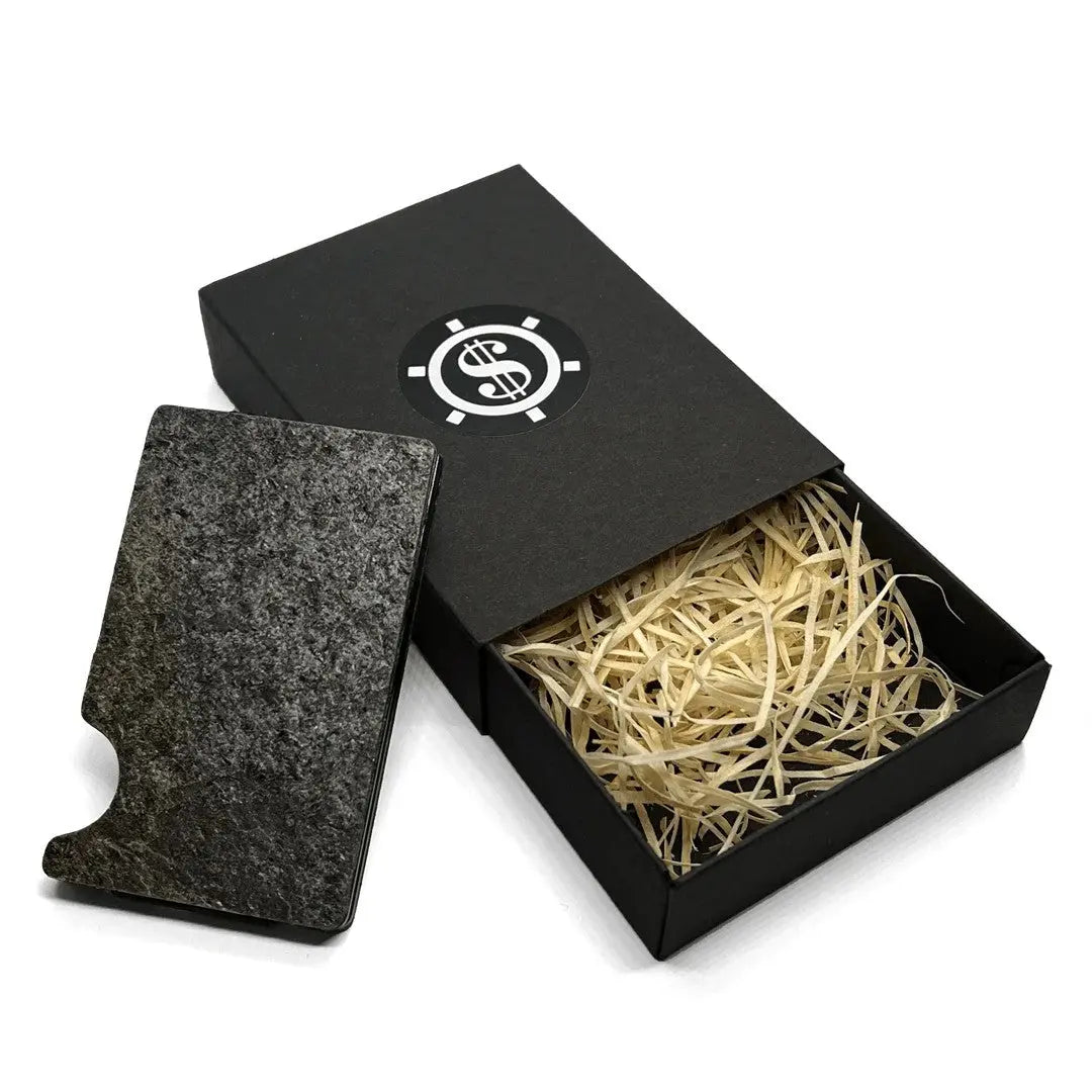 A sleek Card Holder with RFID Blocking - Dark Birch, crafted from natural slate stone, minimalist design, RFID protection, and eco-friendly packaging.