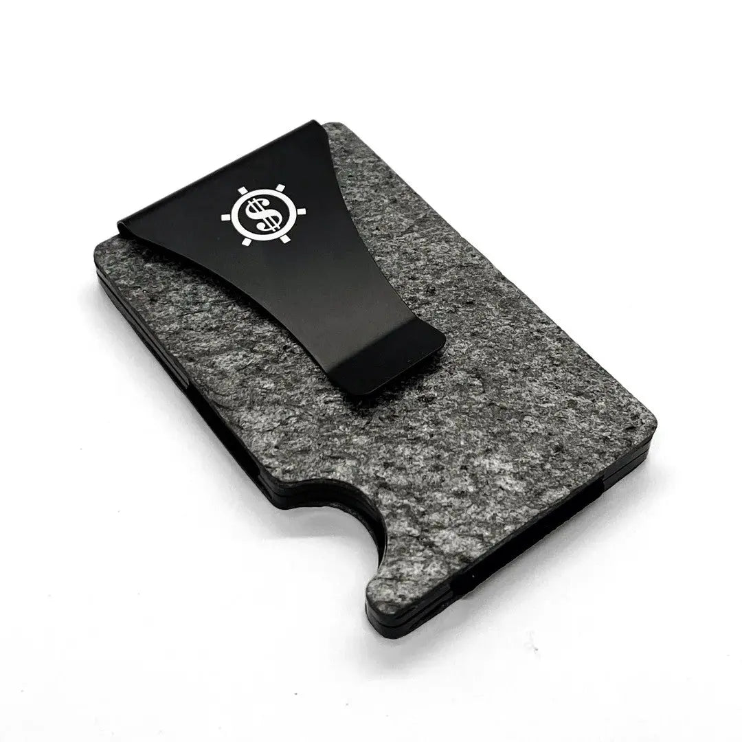Sleek slate stone card holder with RFID blocking, minimalist design, and eco-friendly packaging. Holds up to 12 cards, available with a money clip option.