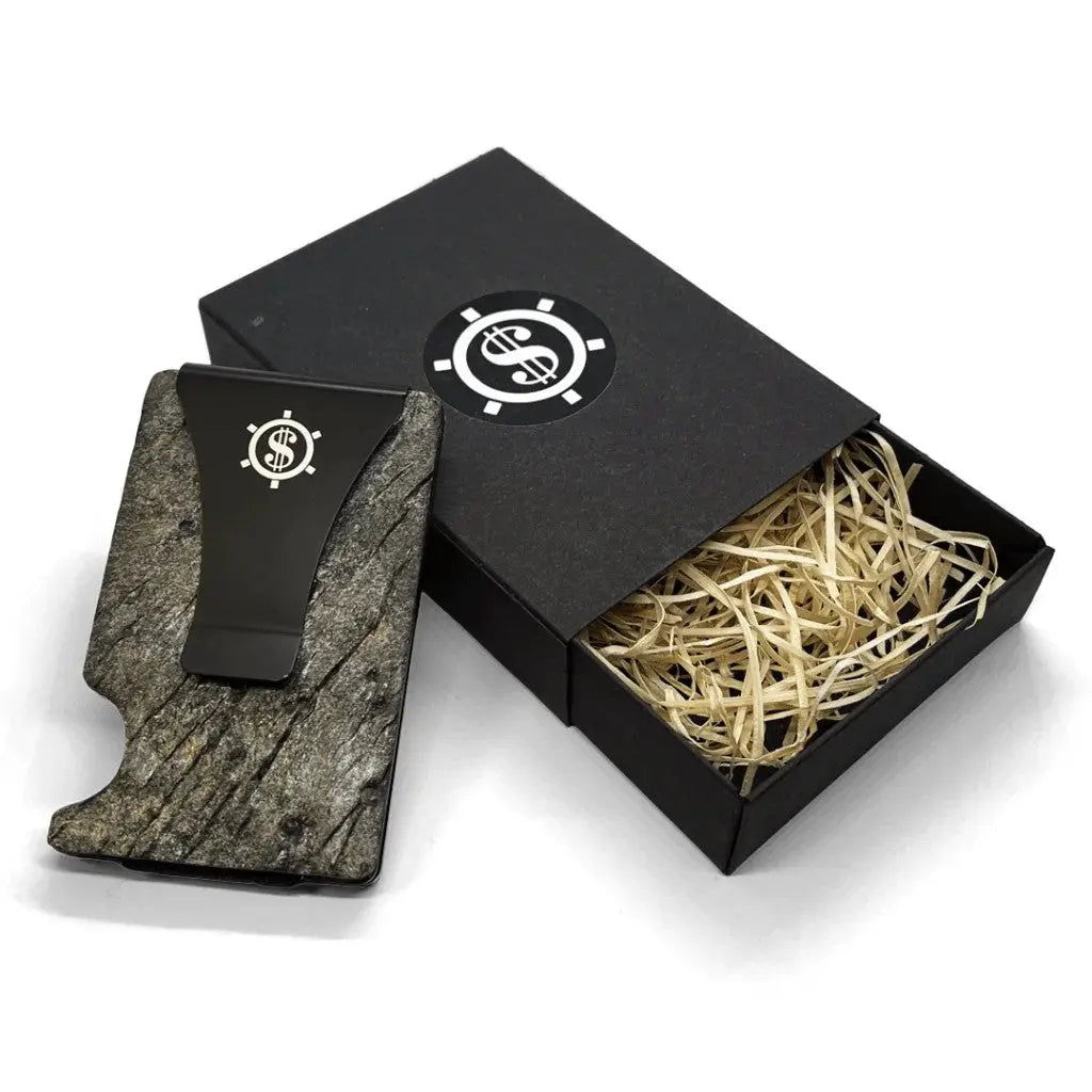 Slate stone card holder with RFID blocking, minimalist design, and eco-friendly packaging. Holds up to 12 cards, with options for a money clip. Reflects Seif Design's commitment to sustainability.