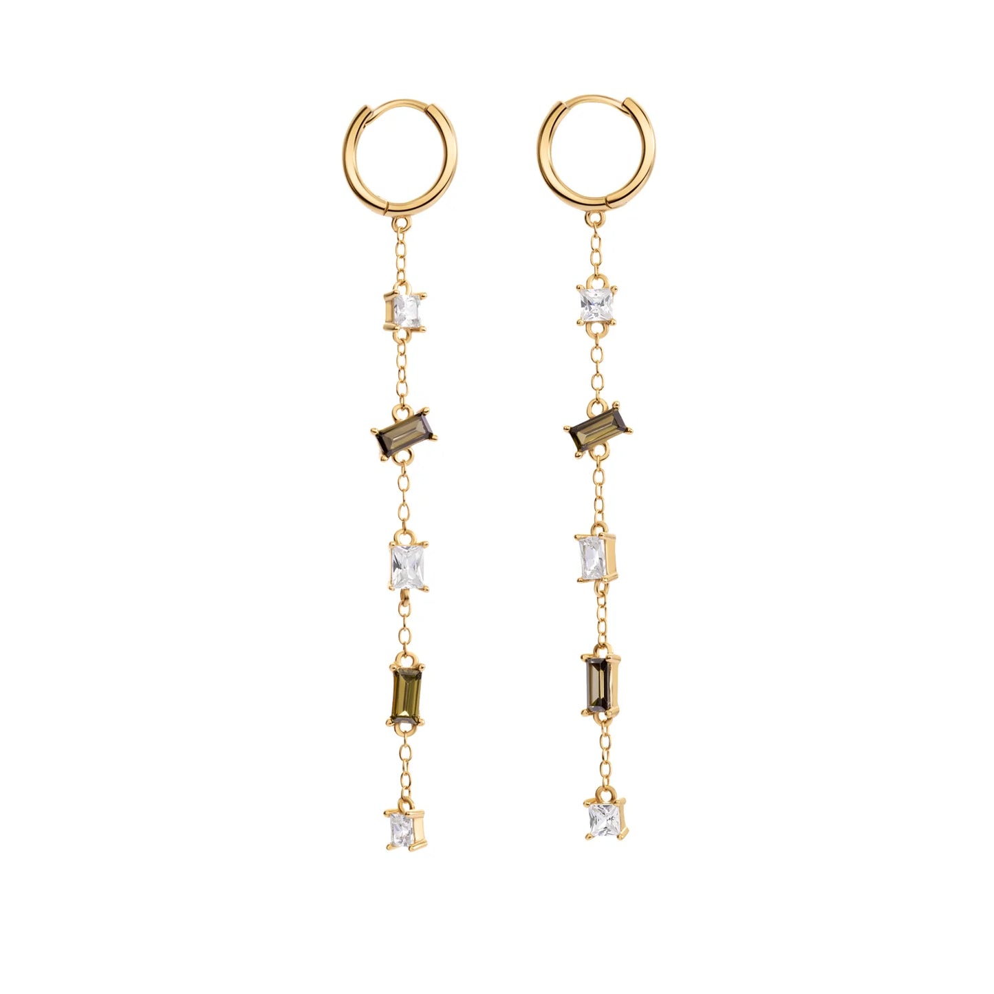 Golden hoop earrings with cascading design, made of recycled silver, 18k gold plated, and cubic zirconia. Hypoallergenic, elegant, and minimalist. Dimensions: 12x12 mm, 70 mm length, 1.5 g weight.