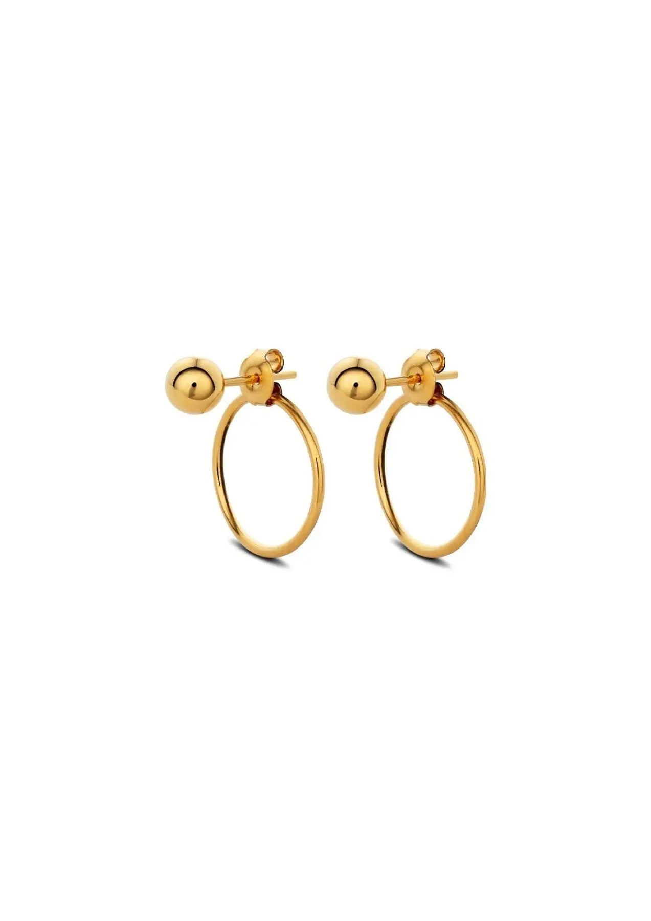 Front-facing Chord Earrings in gold, featuring a ball at the front and a circle at the back. Handmade with 24k gold plating on sterling silver, 1.2mm band, 18.2mm circle diameter, 3mm bead, push-back clasps.