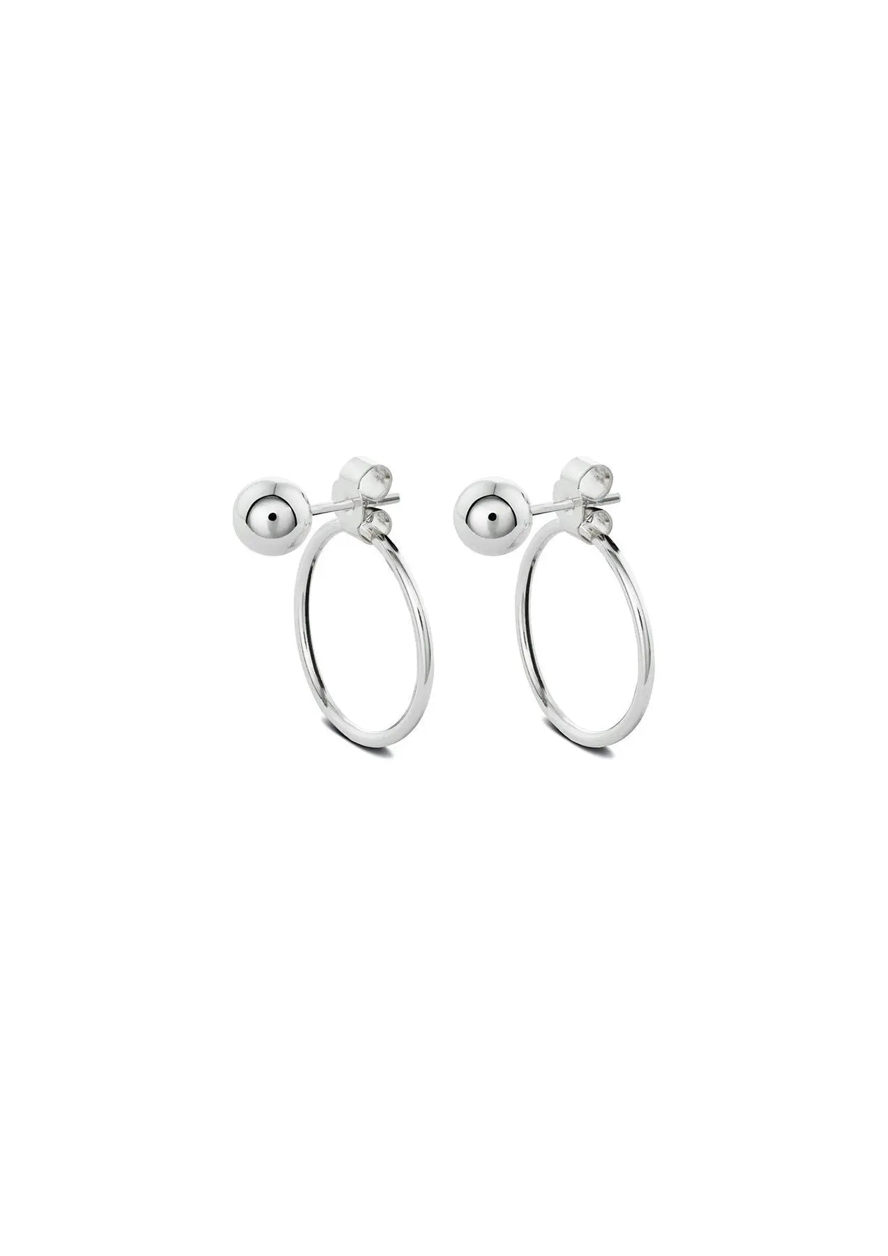 Sterling silver Chord Earrings featuring a front ball and circular design, with push-back clasps. Handmade sustainably, 1.2mm band, 18.2mm circle diameter, 3mm bead. Warranty included.