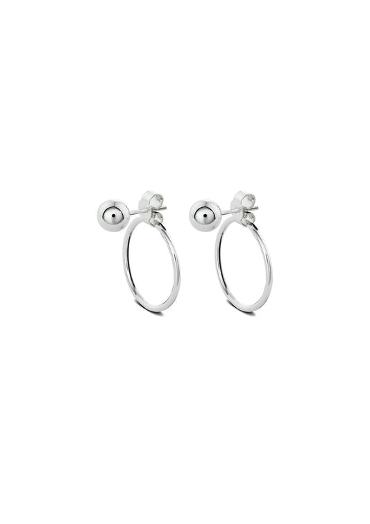 Sterling silver Chord Earrings featuring a front ball and circular design, with push-back clasps. Handmade sustainably, 1.2mm band, 18.2mm circle diameter, 3mm bead. Warranty included.