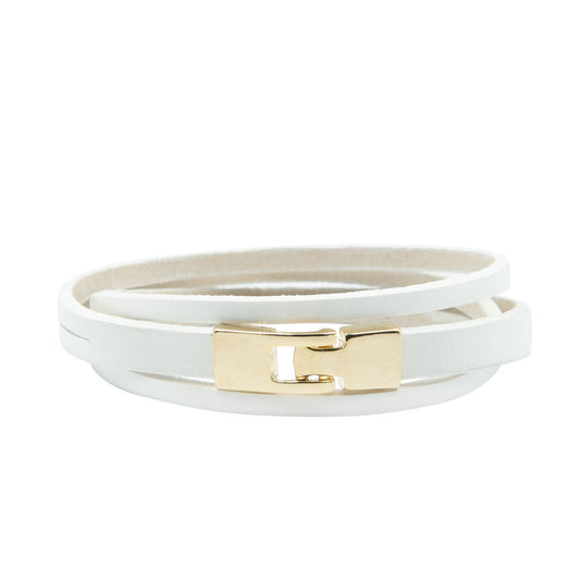 Double Wrap Slit Bracelet with a golden T-bar hook clasp, showcasing its elegant design in white leather with a gold buckle detail.