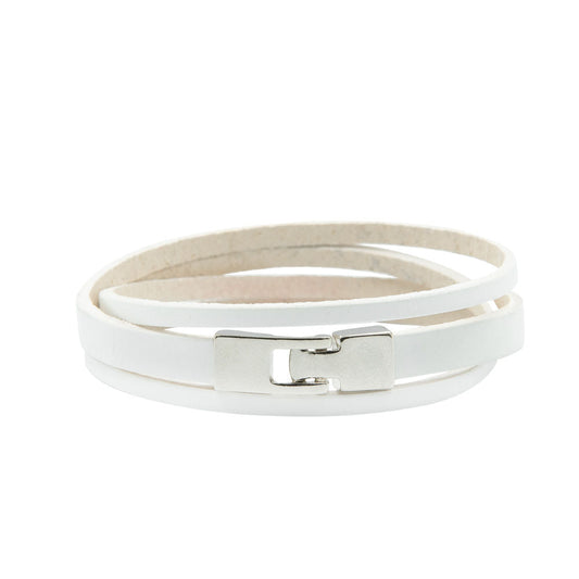 Double Wrap Slit Bracelet with silver-tone T-bar hook clasp, featuring white leather, silver buckle, and adjustable sizing for a stylish accessory.