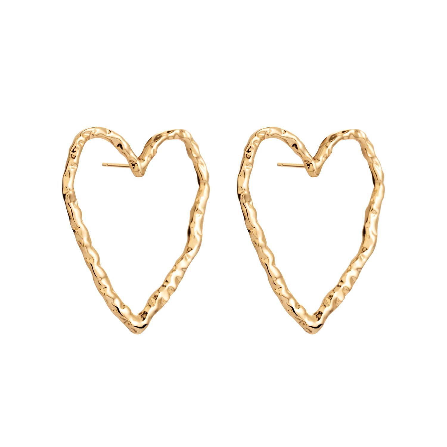 Minimalistic gold heart-shaped EROS stud earrings from ONEHE. Sustainable, hypoallergenic, and comfortable for all-day wear. Made from recycled silver, 18k gold plated. Ideal for a unique, elegant look.