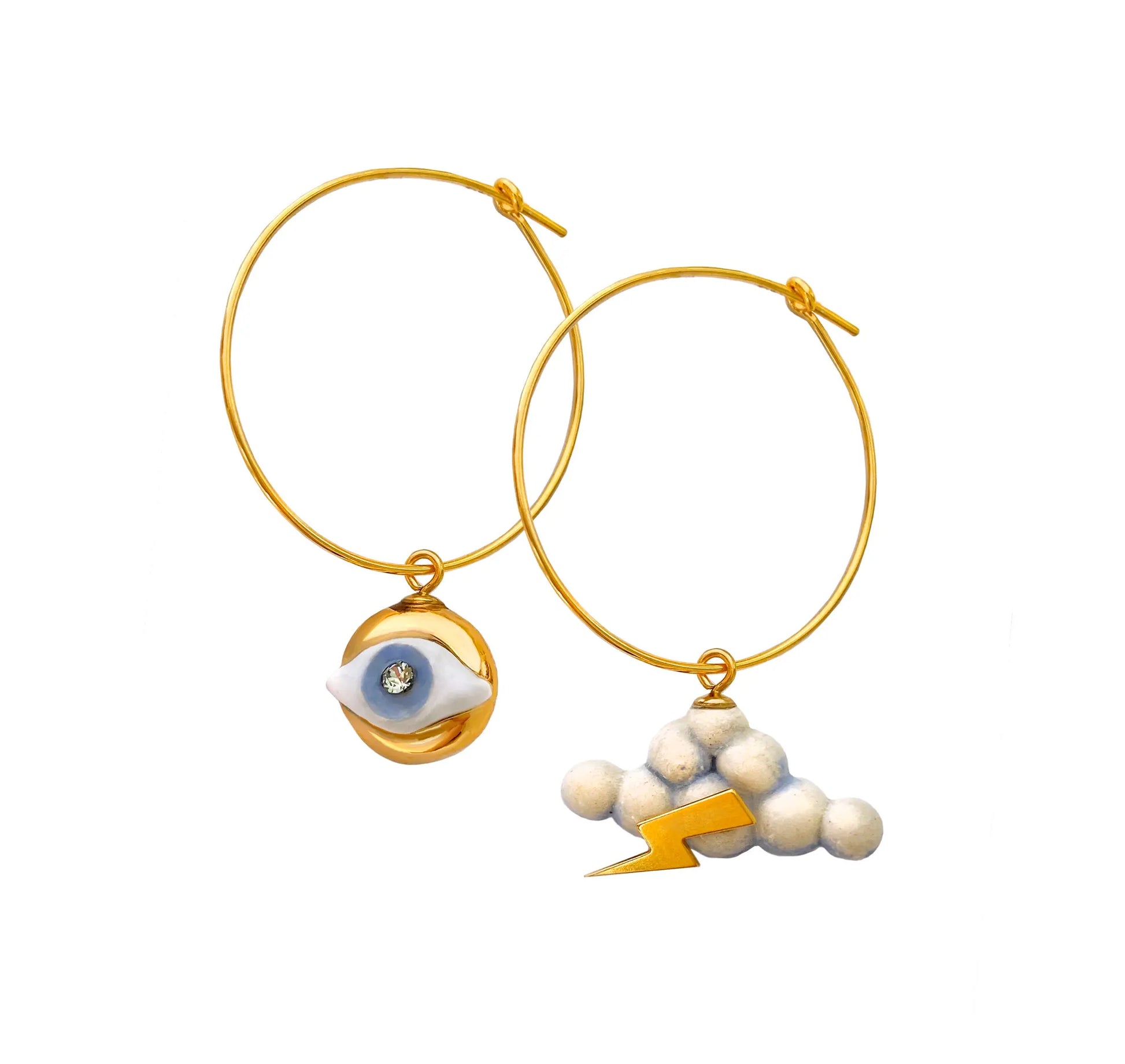 Eye in the Sky - Hand-made ceramic earrings with 24K gold lustre, featuring a protective Eye of Protection charm on gold-over-sterling silver hoops. Unique variations may occur.