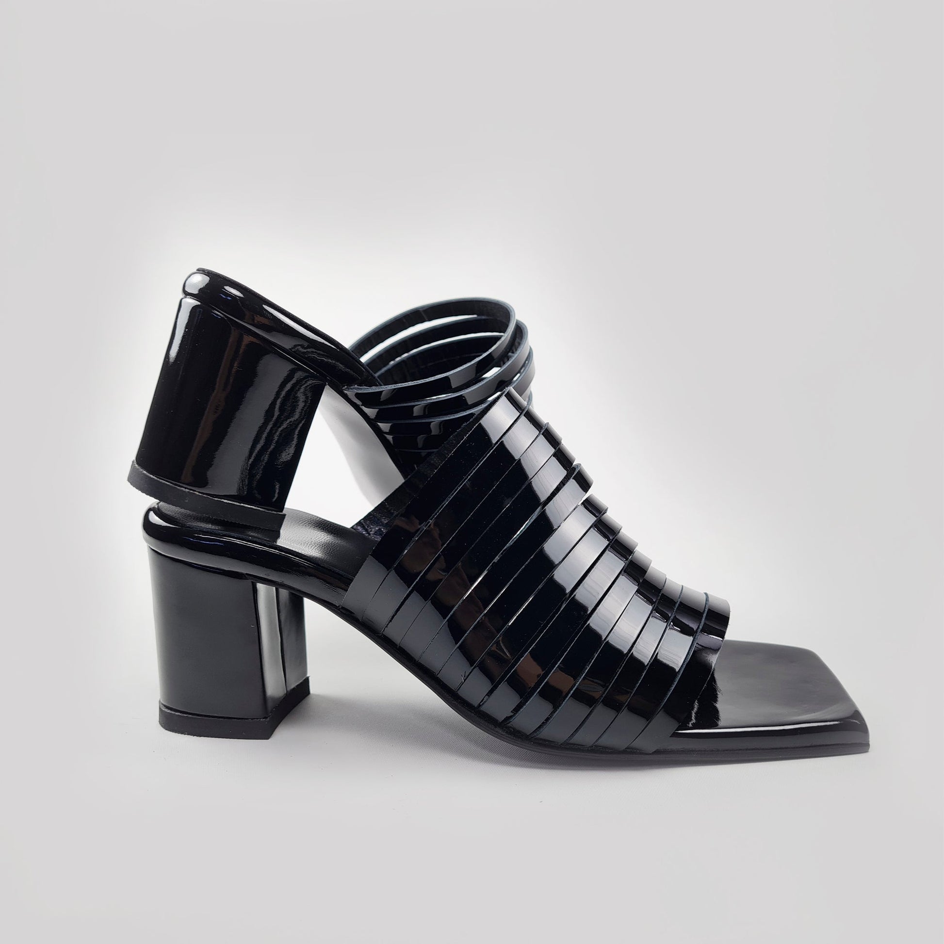 Handmade Strappy Patent Leather Sandals - Black